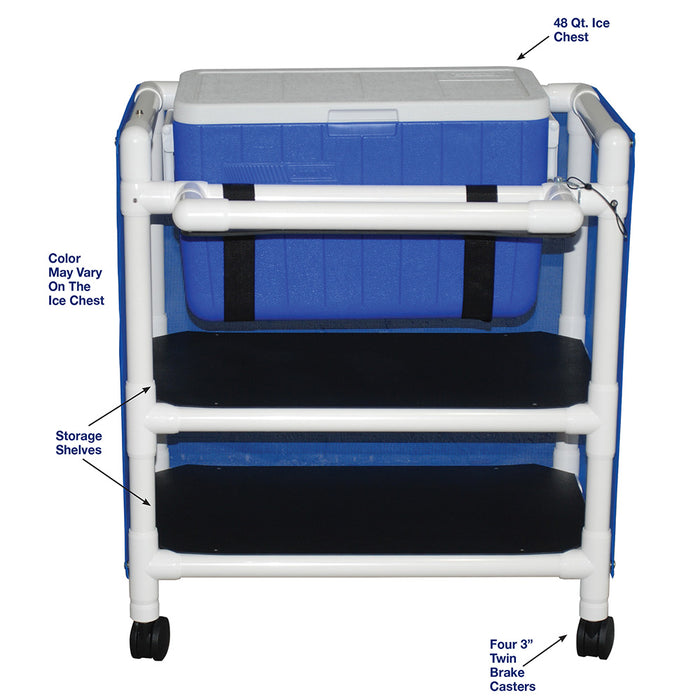 MJM International Hydration Cart With 48 Quartz Ice Chest And 2 Storage Shelves Detailed View