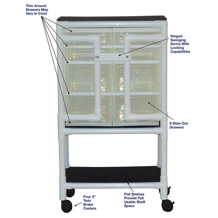 MJM International Isolation Cart With 8 Slide Out Drawer And Bottom Shelf Dimension View