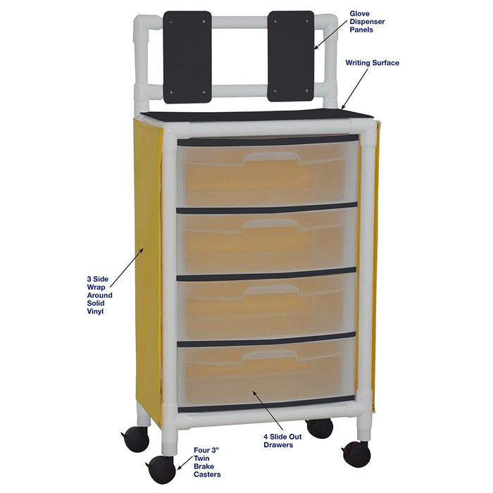 MJM International Isolation Universal Cart With Top Writing Shelf And Glove Dispenser Panel 4 Drawer Detailed View