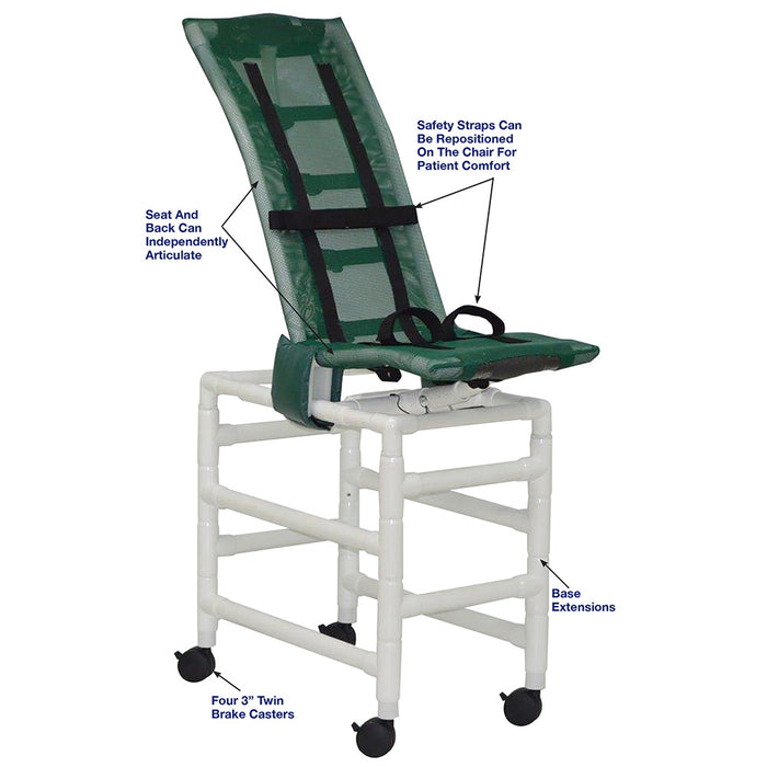 MJM International Large Articulating Shower Chair With Base Extension Safety Straps And Twin Casters Detailed View