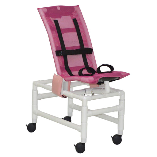 MJM International Medium Articulating Shower Chair With Base Extension Safety Straps Twin Casters View