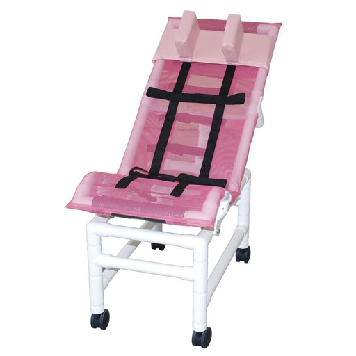 MJM International Reclining Shower Chair With Base Extension Safety Belt Head Bolster And Twin Caster View