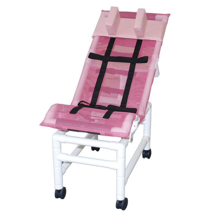 MJM International Reclining Shower Chair With Base Extension Safety Belt Head Bolster And Twin Caster View
