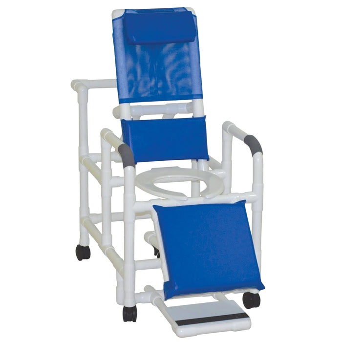 MJM International Reclining Shower Chair With Elongated Open Front Seat Elevated Leg Extension And Folding Footrest In Low Position View