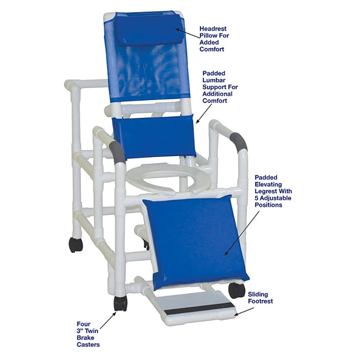 MJM International Reclining Shower Chair With Padded Lumbar Support Padded Elevating Leg Rest And Sliding Footrest Detailed View