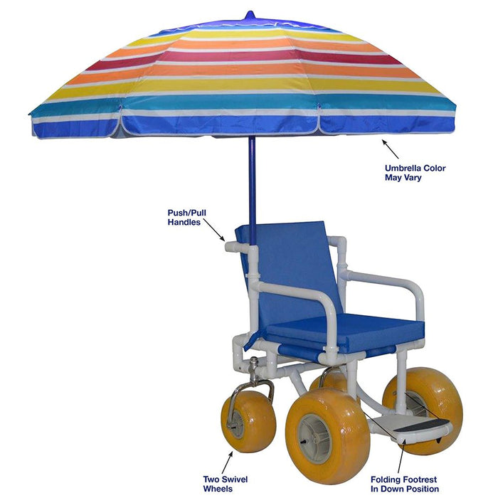 MJM International Recreational Chair With Cushion Seat And Umbrella With Folding Footrest Detail View