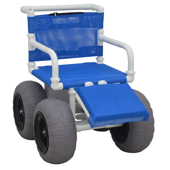 MJM International Recreational Chair With Elevating Leg Rest And Gray Treaded Wheels Showing Leg Rest At Elevated Position
