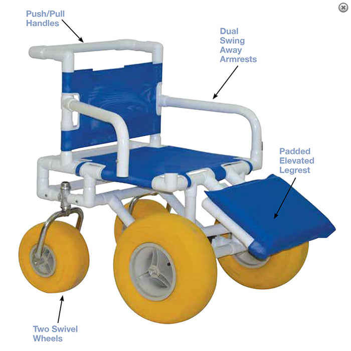MJM International Recreational Chair With Rigid Wheels And Padded Elevating Legrest Detailed View