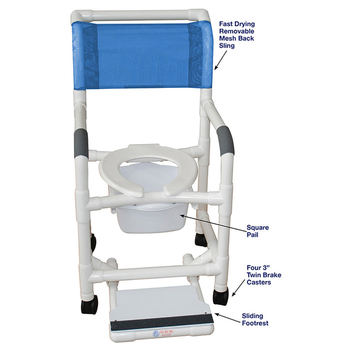 MJM International Superior Shower Chair With Sliding Footrest And Square Pail Dimension View