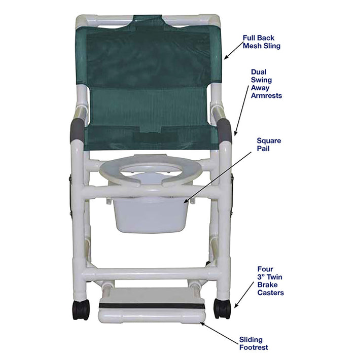 MJM International Superior Shower Chair With Dual Swing Away Armrests Sliding Footrest And Square Pail Dimensions View