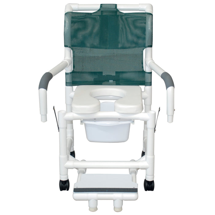 MJM International Superior Shower Chair With Red Soft Seat Deluxe Elongated Dual Swing Away Armrests Open Sliding Footrest Support And Square Pail View