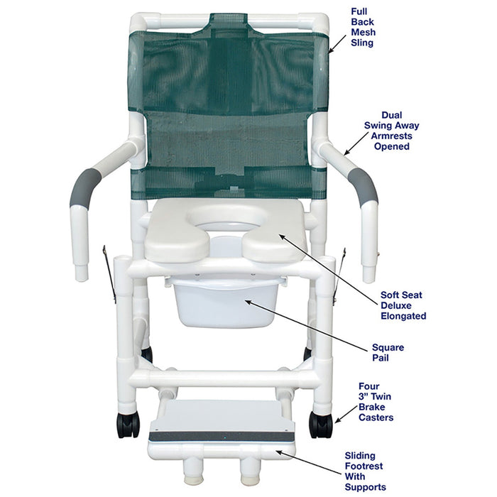 MJM International Superior Shower Chair With Red Soft Seat Deluxe Elongated Dual Swing Away Armrests Sliding Footrest Support And Square Pail Dimension View