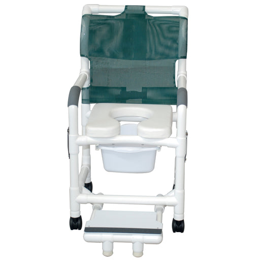 MJM International Superior Shower Chair With Red Soft Seat Deluxe Elongated Dual Swing Away Armrests Sliding Footrest Support And Square Pail View