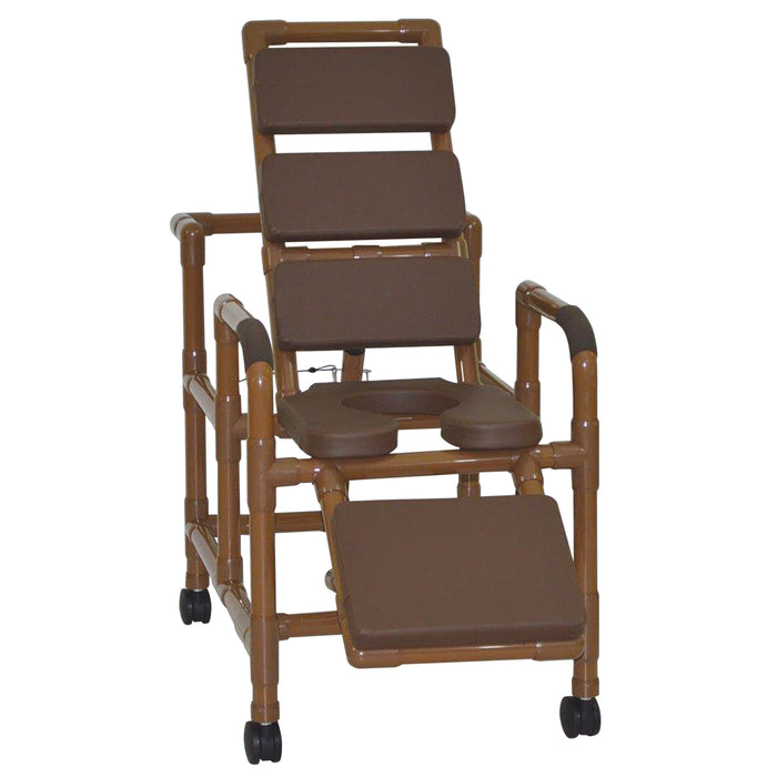 MJM International Wood Tone Brown Reclining Shower Chair With Soft Seat And Leg Extension View
