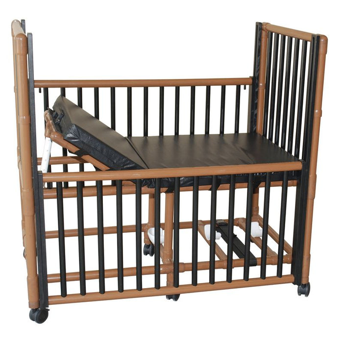 MJM International Wood Tone PVC Frame Pediatric Crib bed With Side Rails Mid Down Elevated Head View