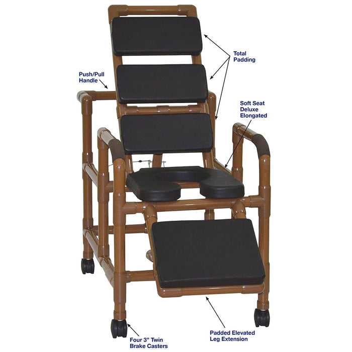 MJM International Wood Tone Reclining Shower Chair With Soft Seat And Leg Extension Detailed View