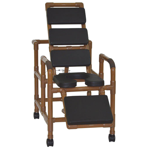 MJM International Wood Tone Reclining Shower Chair With Soft Seat And Leg Extension View