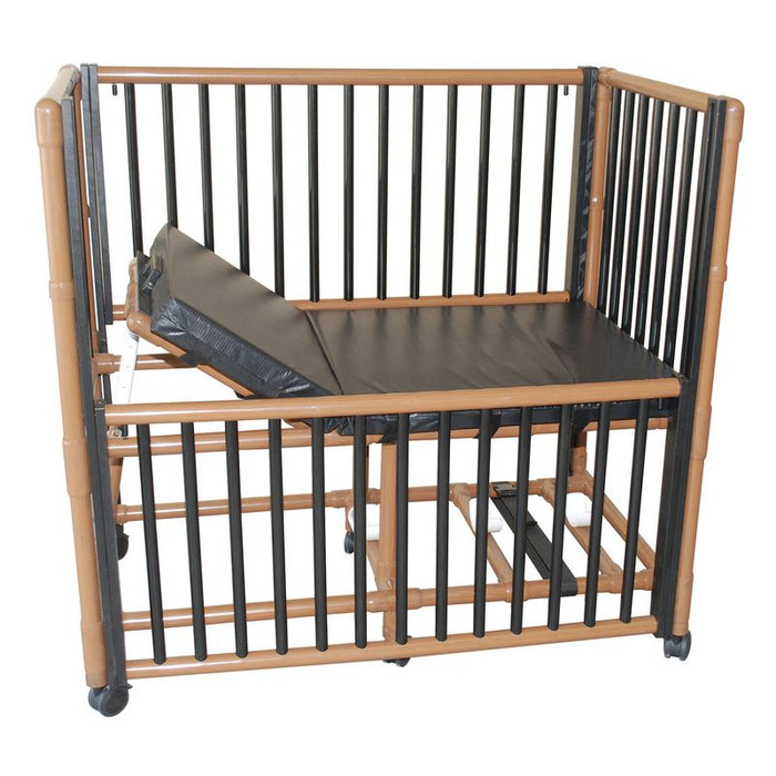 MJM International WoodTone PVC Frame Pediatric Crib bed With Side Rails Down Elevated Head View