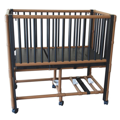 MJM International WoodTone PVC Frame Pediatric Crib bed With Side Rails Elevated Head View