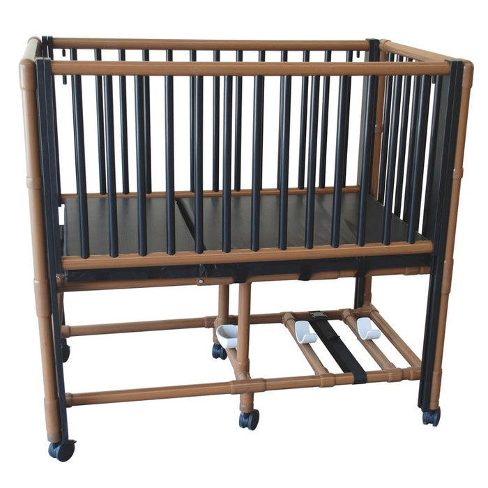 MJM International WoodTone PVC Frame Pediatric Crib bed With Side Rails Elevated Head View