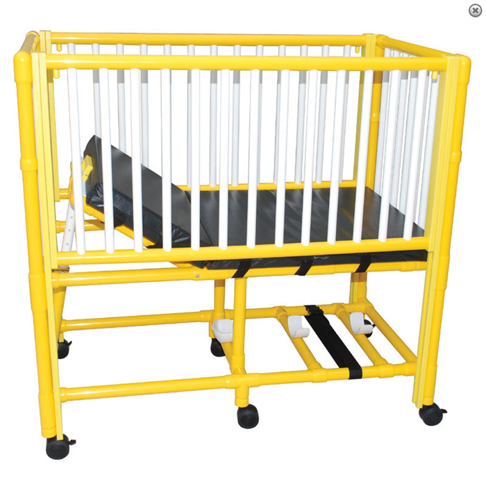 MJM International Yellow PVC Frame Pediatric Crib bed With Side Rails Elevated Head View