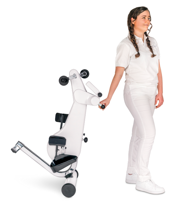 MOTOmed Loop Digital Movement Trainer for Arm and Leg Rehabilitation in Clinics and Care Facilities with Person Holding the Equipment