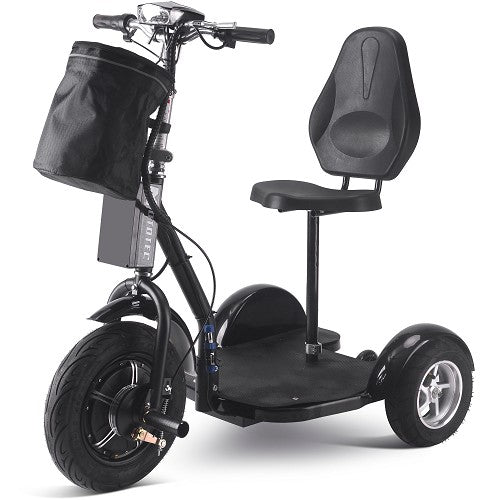 MotoTec Electric Trike 48V 1000W 16 Inch Front 12 Inch Rear Tires With Removable Seat Backrest And Large Front Bag Storage In Front Left View