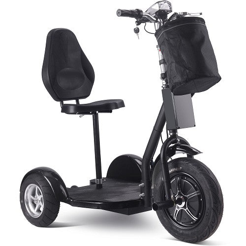 MotoTec Electric Trike 48V 1000W 16 Inch Front 12 Inch Rear Tires With Removable Seat Backrest And Large Front Bag Storage In Front Right View