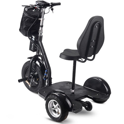 MotoTec Electric Trike 48V 1000W 16 Inch Front 12 Inch Rear Tires With Removable Seat Backrest And Large Front Bag Storage In Left Rear View