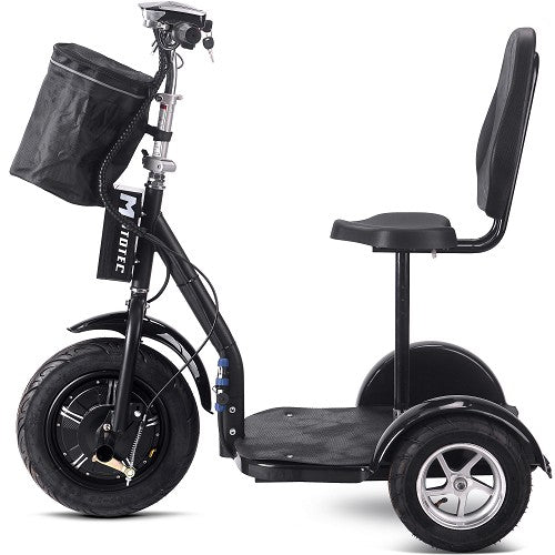 MotoTec Electric Trike 48V 1000W 16 Inch Front 12 Inch Rear Tires With Removable Seat Backrest And Large Front Bag Storage In Left Side View