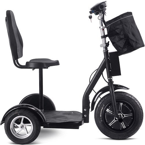 MotoTec Electric Trike 48V 1000W 16 Inch Front 12 Inch Rear Tires With Removable Seat Backrest And Large Front Bag Storage In Right Side View