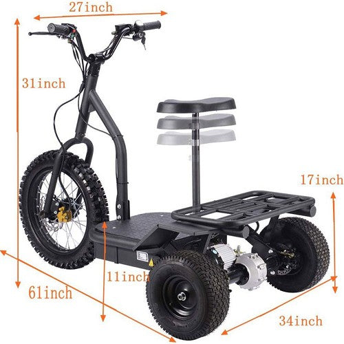 MotoTec Electric Trike 48V 1200W All Terrain 24 Inch Front 12 Inch Rear Tires With Removable Seat Dimensions View