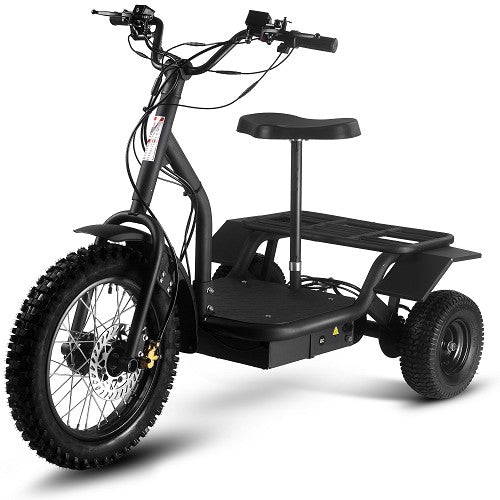 MotoTec Electric Trike 48V 1200W All Terrain 24 Inch Front 12 Inch Rear Tires With Removable Seat In Front Left View