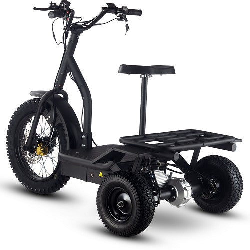 MotoTec Electric Trike 48V 1200W All Terrain 24 Inch Front 12 Inch Rear Tires With Removable Seat In Left Rear View
