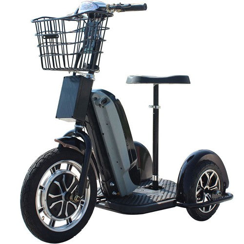 MotoTec Electric Trike 48v 800w 16 Inch Front 12 Inch Rear Tires With Removable Seat And Large Front Basket In Left Frint Side View