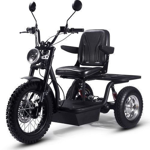 MotoTec Electric Trike 60V 1800W All Terrain 24 Inch Front 18 Inch Rear Tires And Seat With Backrest And Flip Armrest In Front Left View