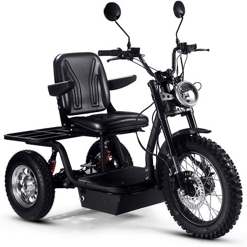 MotoTec Electric Trike 60V 1800W All Terrain 24 Inch Front 18 Inch Rear Tires And Seat With Backrest And Flip Armrest In Front Right View