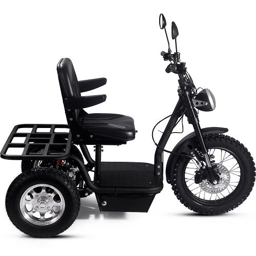 MotoTec Electric Trike 60V 1800W All Terrain 24 Inch Front 18 Inch Rear Tires And Seat With Backrest And Flip Armrest In Left Side View