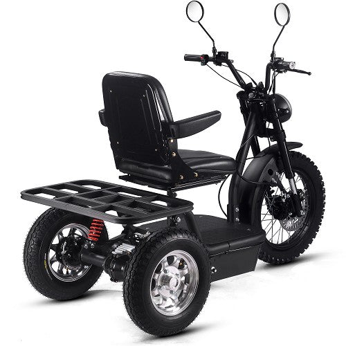 MotoTec Electric Trike 60V 1800W All Terrain 24 Inch Front 18 Inch Rear Tires And Seat With Backrest And Flip Armrest In Right Rear View