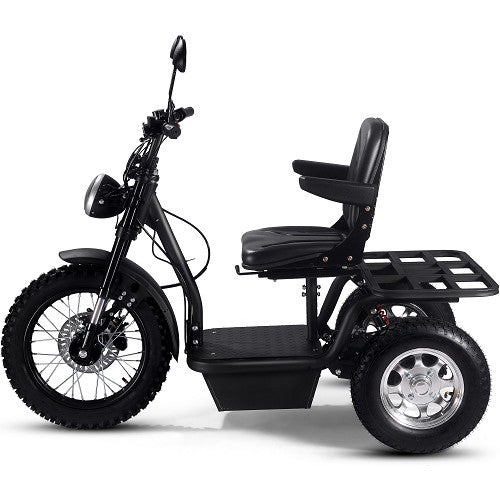 MotoTec Electric Trike 60V 1800W All Terrain 24 Inch Front 18 Inch Rear Tires And Seat With Backrest And Flip Armrest In Right Side View