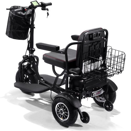 MotoTec Folding Mobility Electric Trike 48V 1000W With Large Rear Basket Flip Up Arms Control Panel Front Storage And 11 Inch Tires Left Side Rear View