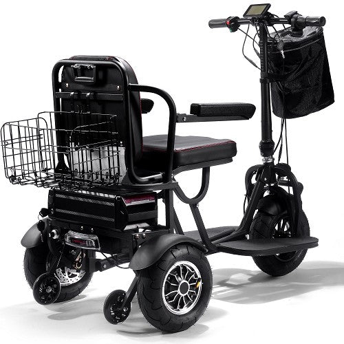 MotoTec Folding Mobility Electric Trike 48V 1000W With Large Rear Basket Flip Up Arms Control Panel Front Storage And 11 Inch Tires Right Side Rear View