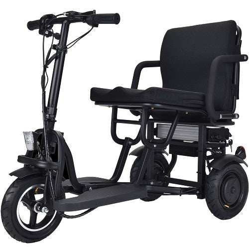 MotoTec Folding Mobility Electric Trike With Comfortable Seat And 10 Inch Air Filled Tires Front Side View