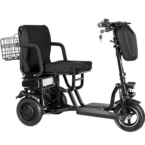 MotoTec Folding Mobility Electric Trike With Front Bag Storage Comfortable Seat And 10 Inch Air Filled Tires Front Left Side View