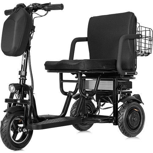 MotoTec Folding Mobility Electric Trike With Front Bag Storage Comfortable Seat And 10 Inch Air Filled Tires Front Side View
