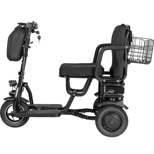 MotoTec Folding Mobility Electric Trike With Front Bag Storage Comfortable Seat And 10 Inch Air Filled Tires Side View