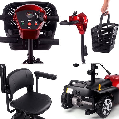 MotoTec Red Foldable Mobility Scooter 24V 250W Control Panel Basket Handle Bar Cushion Seat With Flip Up Arms And Rear View