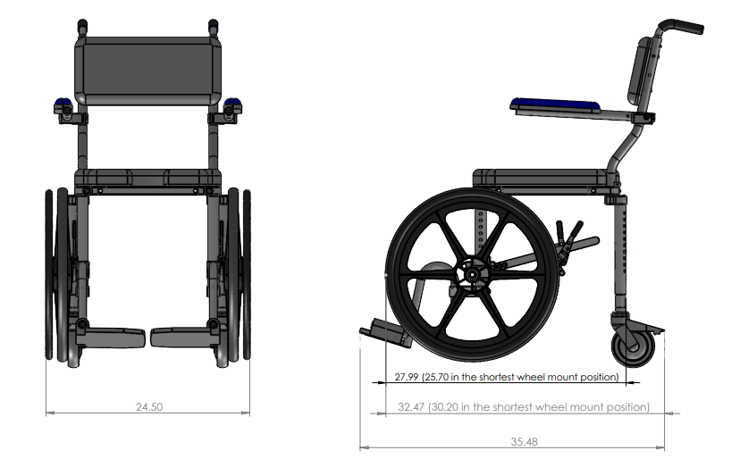 Nuprodx MC4020RX Lightweight Self Propelled Shower Chair Dimension View