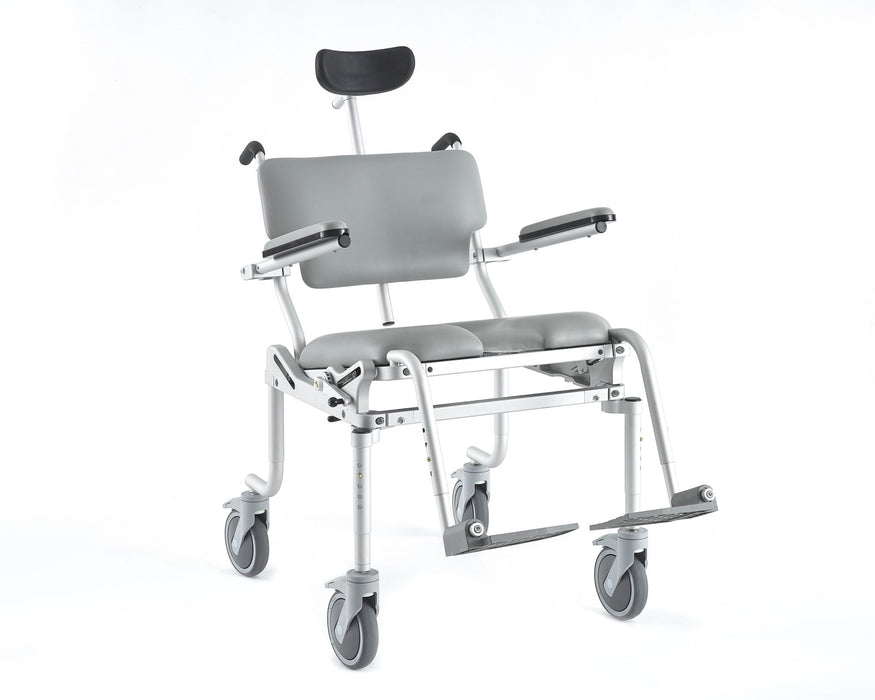 Nuprodx MC4200Tilt Heavy Duty Tilt in Space Shower Chair With Head Support Padded Backrest Cushion Seat And Swing Away Footrest In Tilt Position View