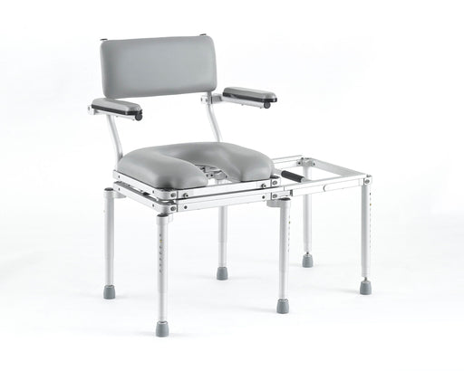 Nuprodx MC5100 Stationary Commode And Tub Transfer Slider Bench With Padded Backrest Flip Up Arms Cushion Seat And Removable Connector Bridge View